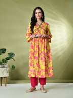 Myshka Women's Chinon Printed Alia-cut Kurta in Yellow Color | Grocsy