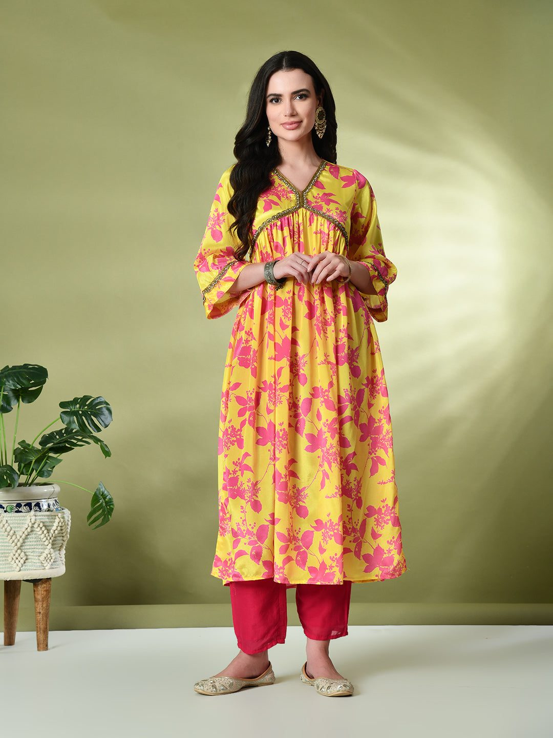 Myshka Women's Chinon Printed Alia-cut Kurta in Yellow Color | Grocsy