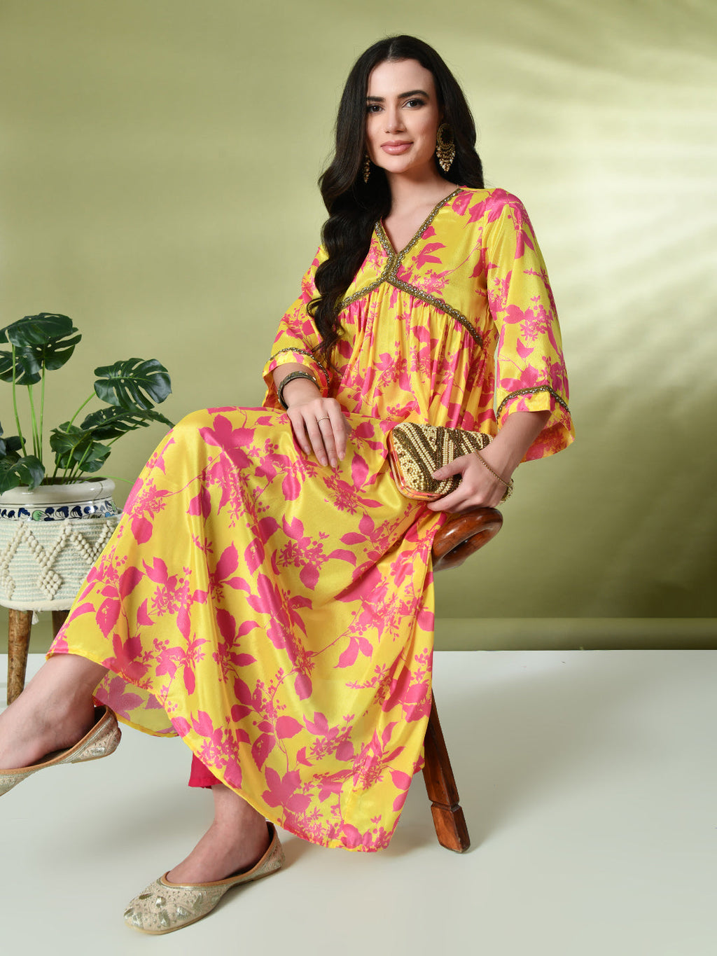 Myshka Women's Chinon Printed Alia-cut Kurta in Yellow Color | Grocsy