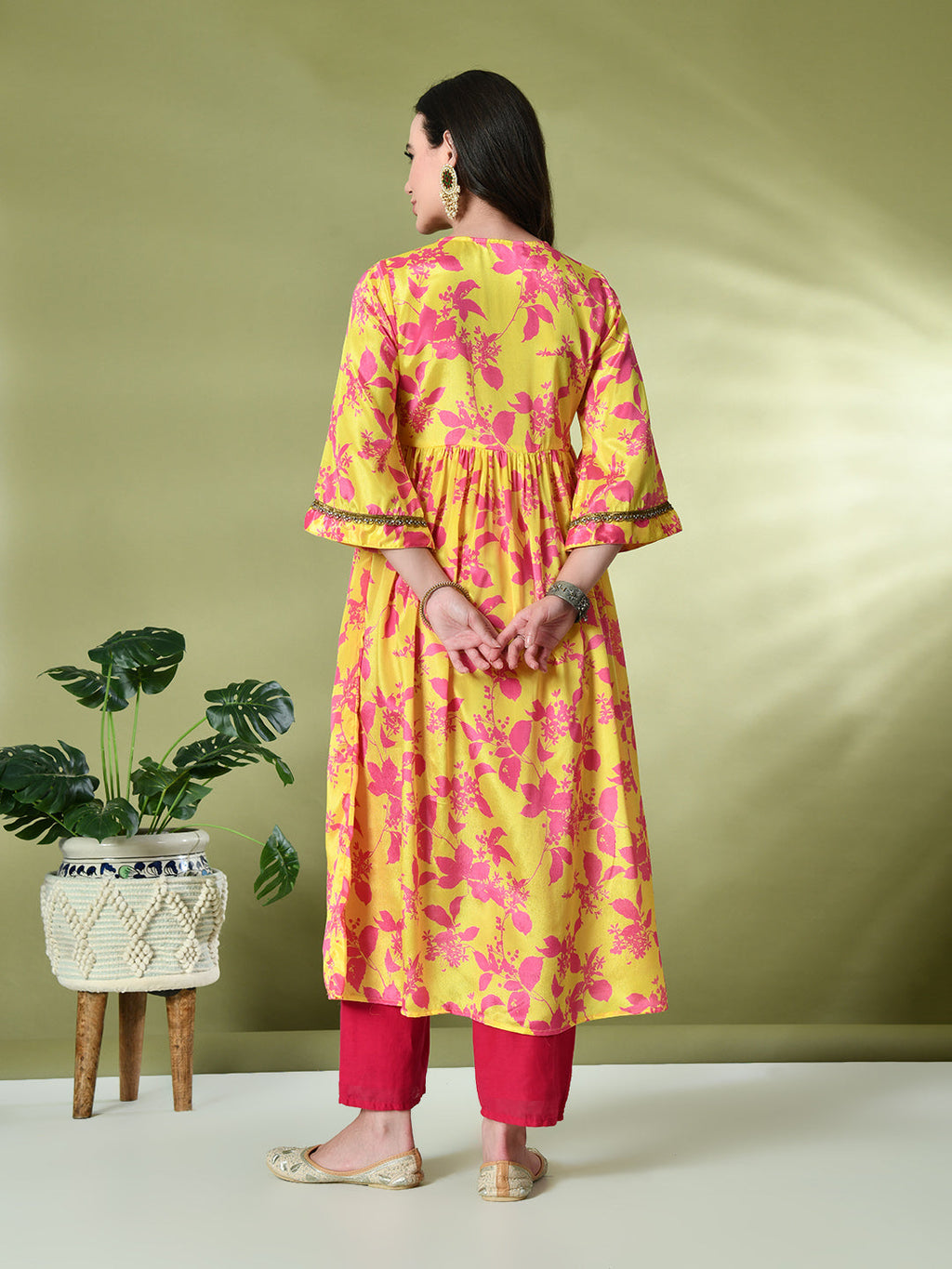 Myshka Women's Chinon Printed Alia-cut Kurta in Yellow Color | Grocsy