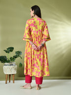 Myshka Women's Chinon Printed Alia-cut Kurta in Yellow Color | Grocsy