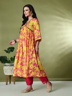 Myshka Women's Chinon Printed Alia-cut Kurta in Yellow Color | Grocsy