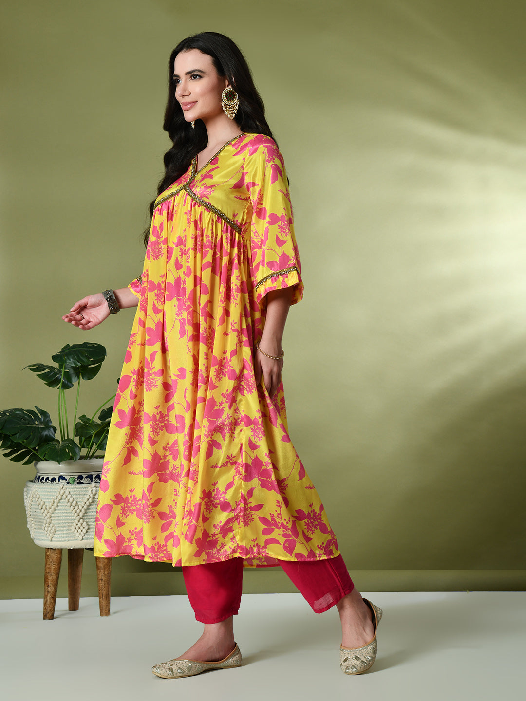 Myshka Women's Chinon Printed Alia-cut Kurta in Yellow Color | Grocsy