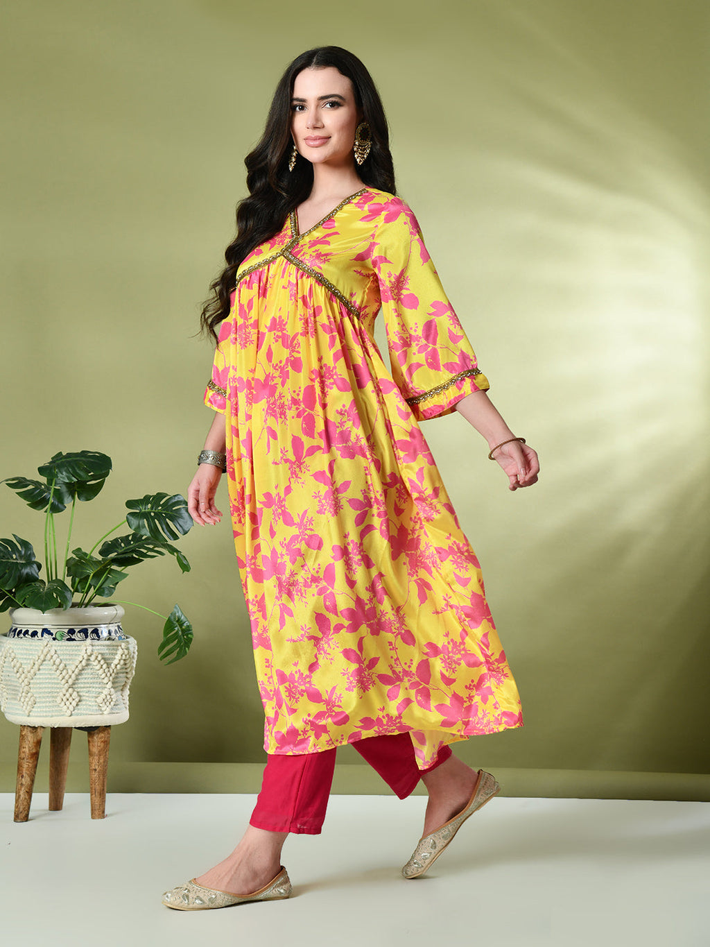 Myshka Women's Chinon Printed Alia-cut Kurta in Yellow Color | Grocsy