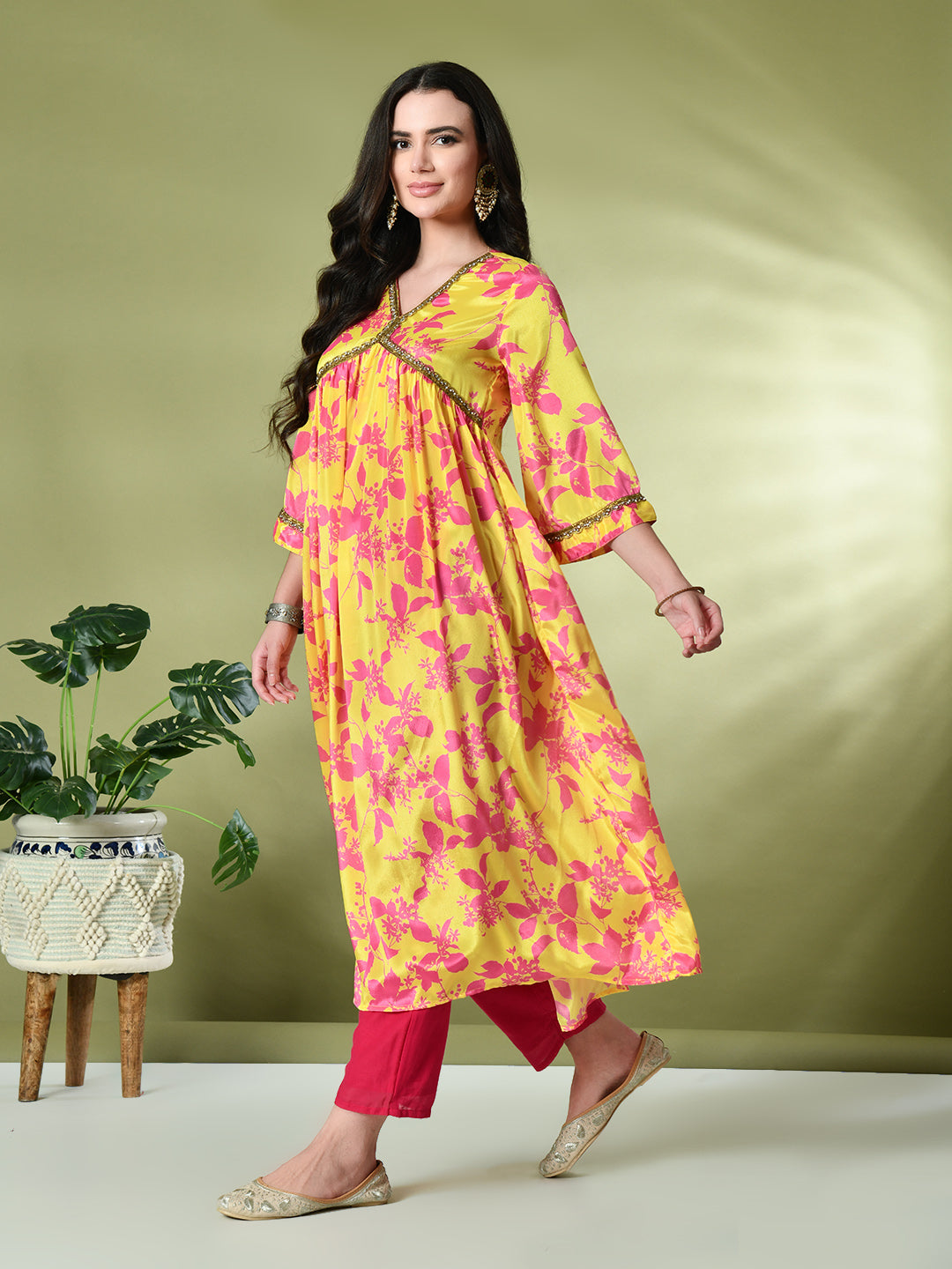 Myshka Women's Chinon Printed Alia-cut Kurta in Yellow Color | Grocsy