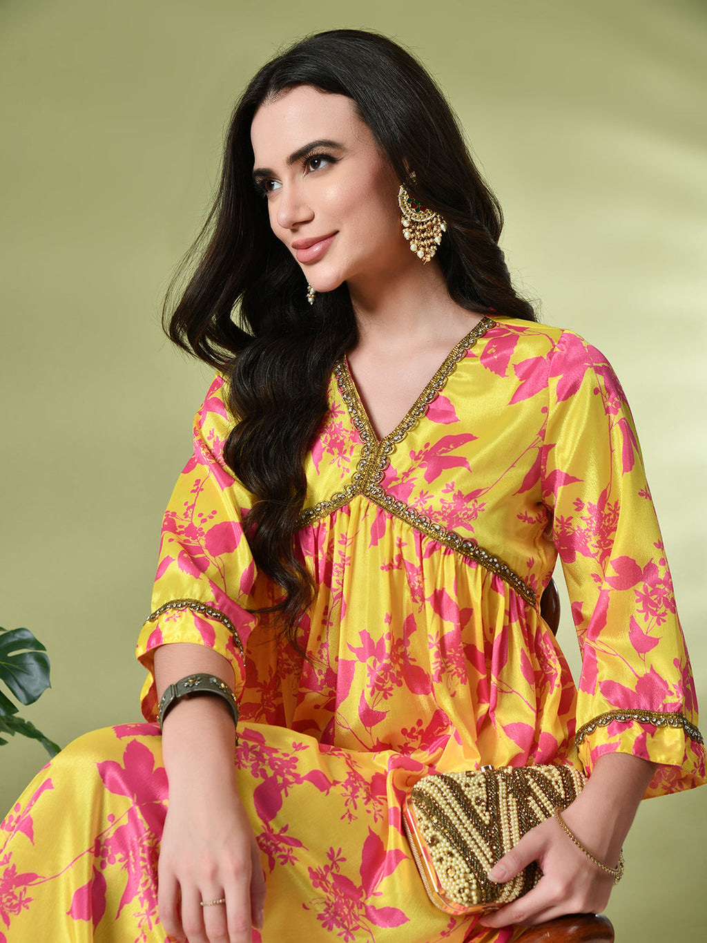 Myshka Women's Chinon Printed Alia-cut Kurta in Yellow Color | Grocsy