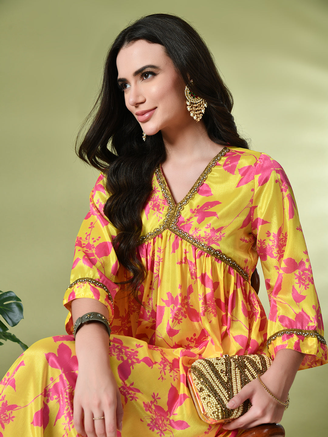 Myshka Women's Chinon Printed Alia-cut Kurta in Yellow Color | Grocsy