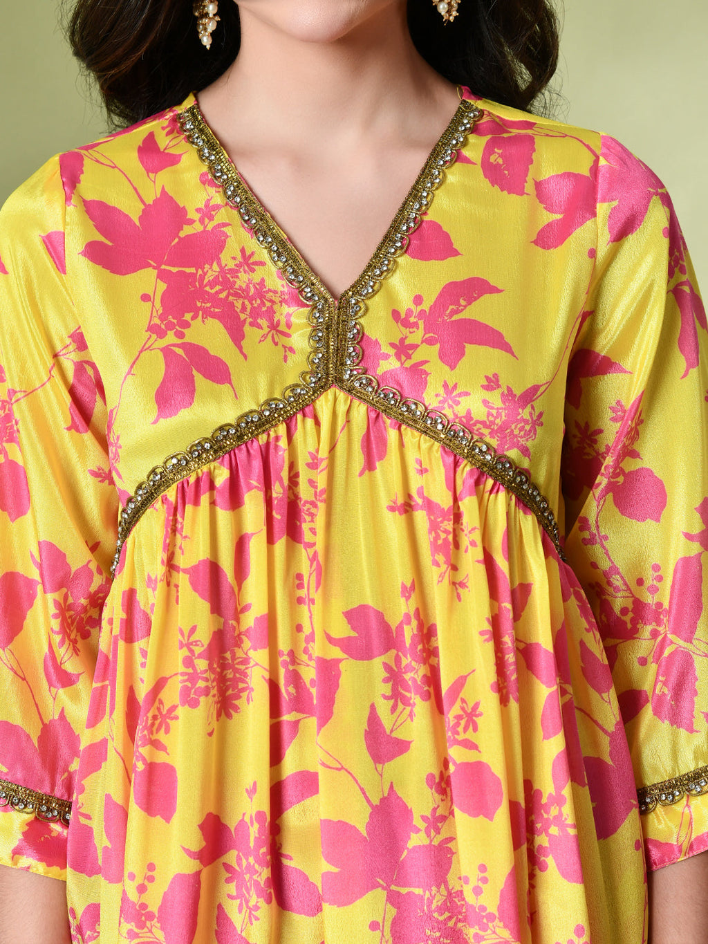 Myshka Women's Chinon Printed Alia-cut Kurta in Yellow Color | Grocsy