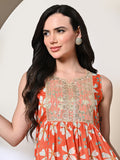 Myshka Women's Chinon Embroidered Flayerd Kurta in Orange Color | Grocsy