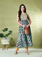 Myshka Women's Chinon Embroidered Flayerd Kurta in Green Color | Grocsy