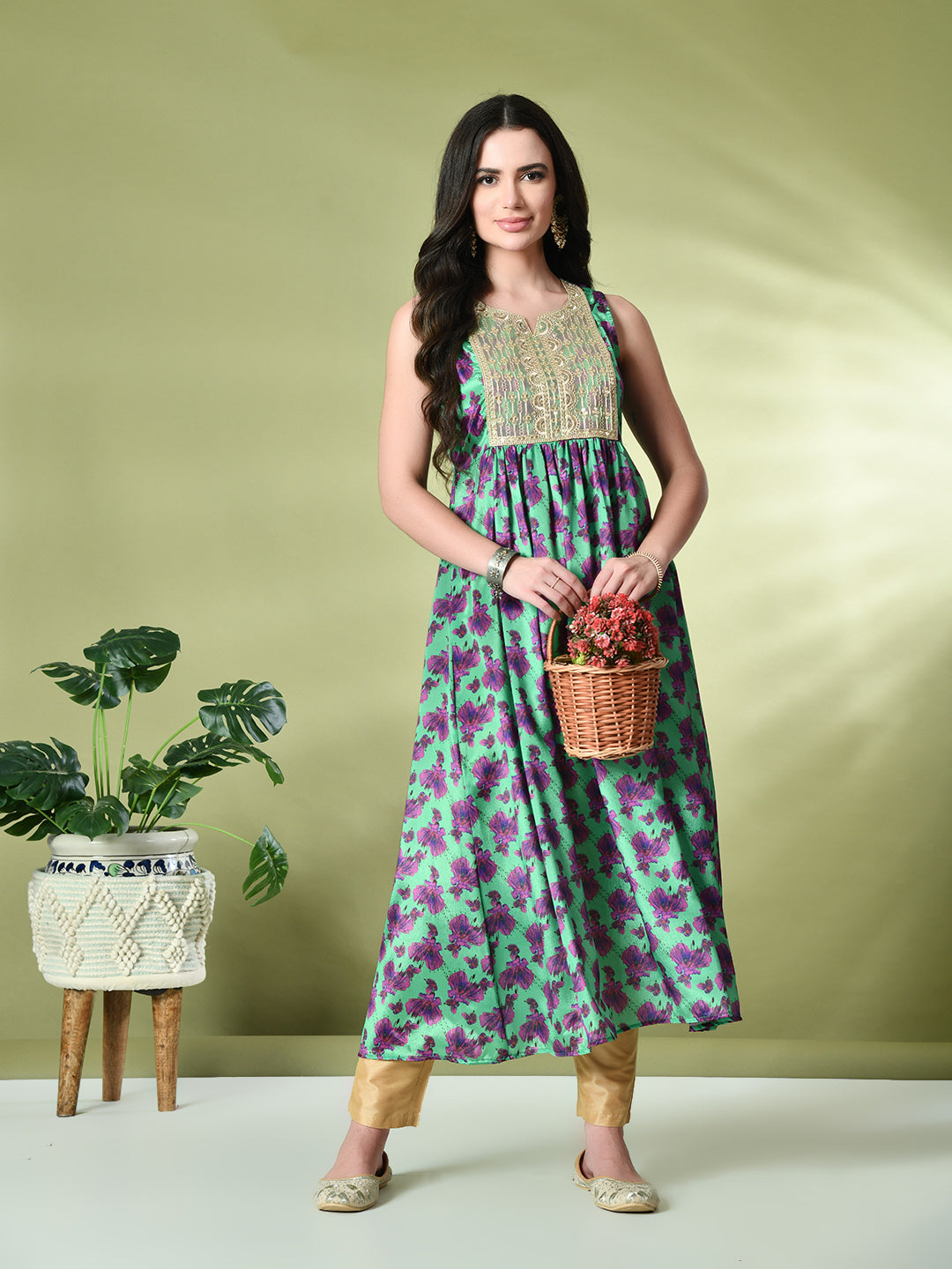 Myshka Women's Chinon Embroidered Flayerd Kurta in Green Color | Grocsy