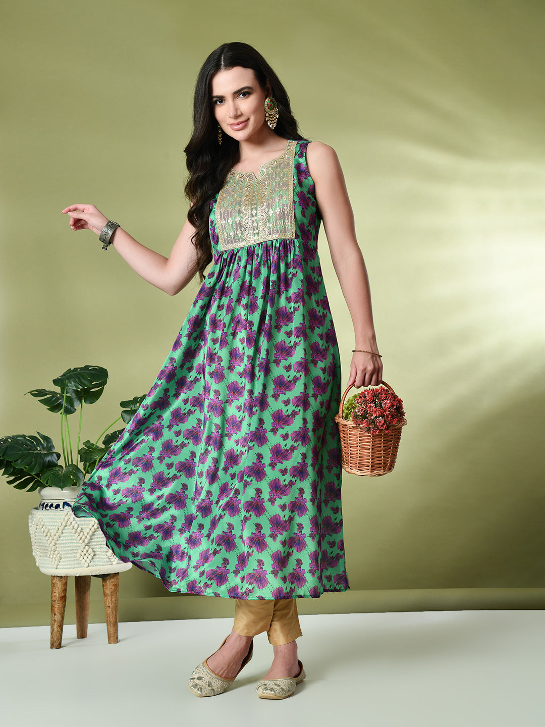 Myshka Women's Chinon Embroidered Flayerd Kurta in Green Color | Grocsy