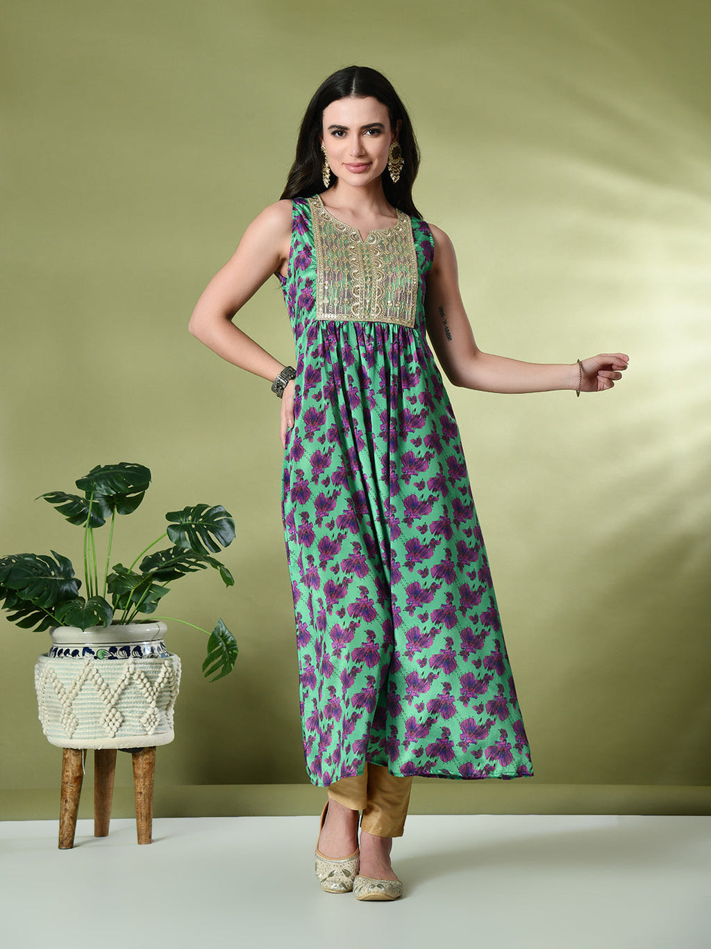 Myshka Women's Chinon Embroidered Flayerd Kurta in Green Color | Grocsy