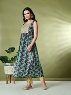 Myshka Women's Chinon Embroidered Flayerd Kurta in Green Color | Grocsy