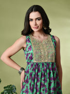 Myshka Women's Chinon Embroidered Flayerd Kurta in Green Color | Grocsy