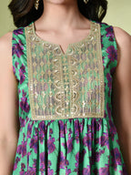 Myshka Women's Chinon Embroidered Flayerd Kurta in Green Color | Grocsy
