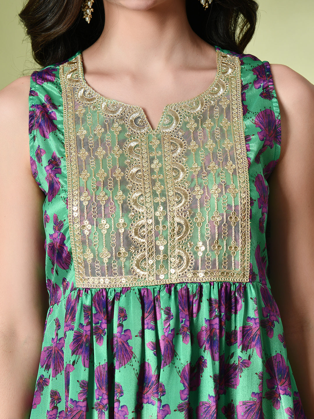 Myshka Women's Chinon Embroidered Flayerd Kurta in Green Color | Grocsy