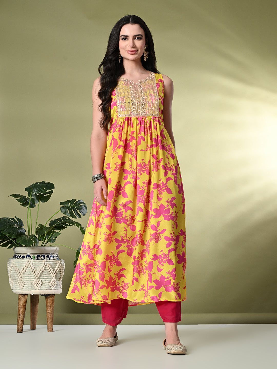 Myshka Women's Chinon Embroidered Flayerd Kurta in Yellow Color | Grocsy