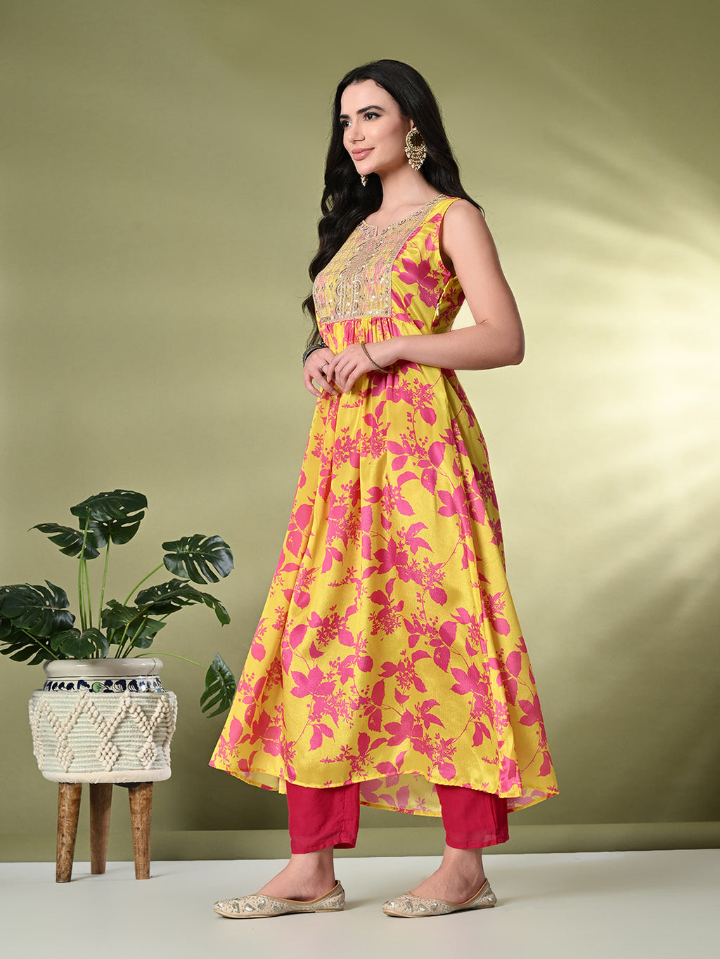 Myshka Women's Chinon Embroidered Flayerd Kurta in Yellow Color | Grocsy