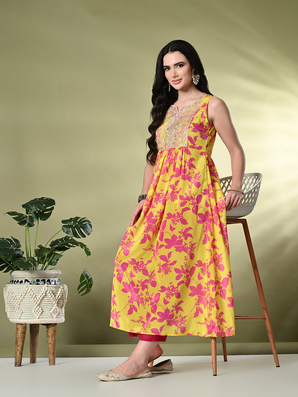 Myshka Women's Chinon Embroidered Flayerd Kurta in Yellow Color | Grocsy