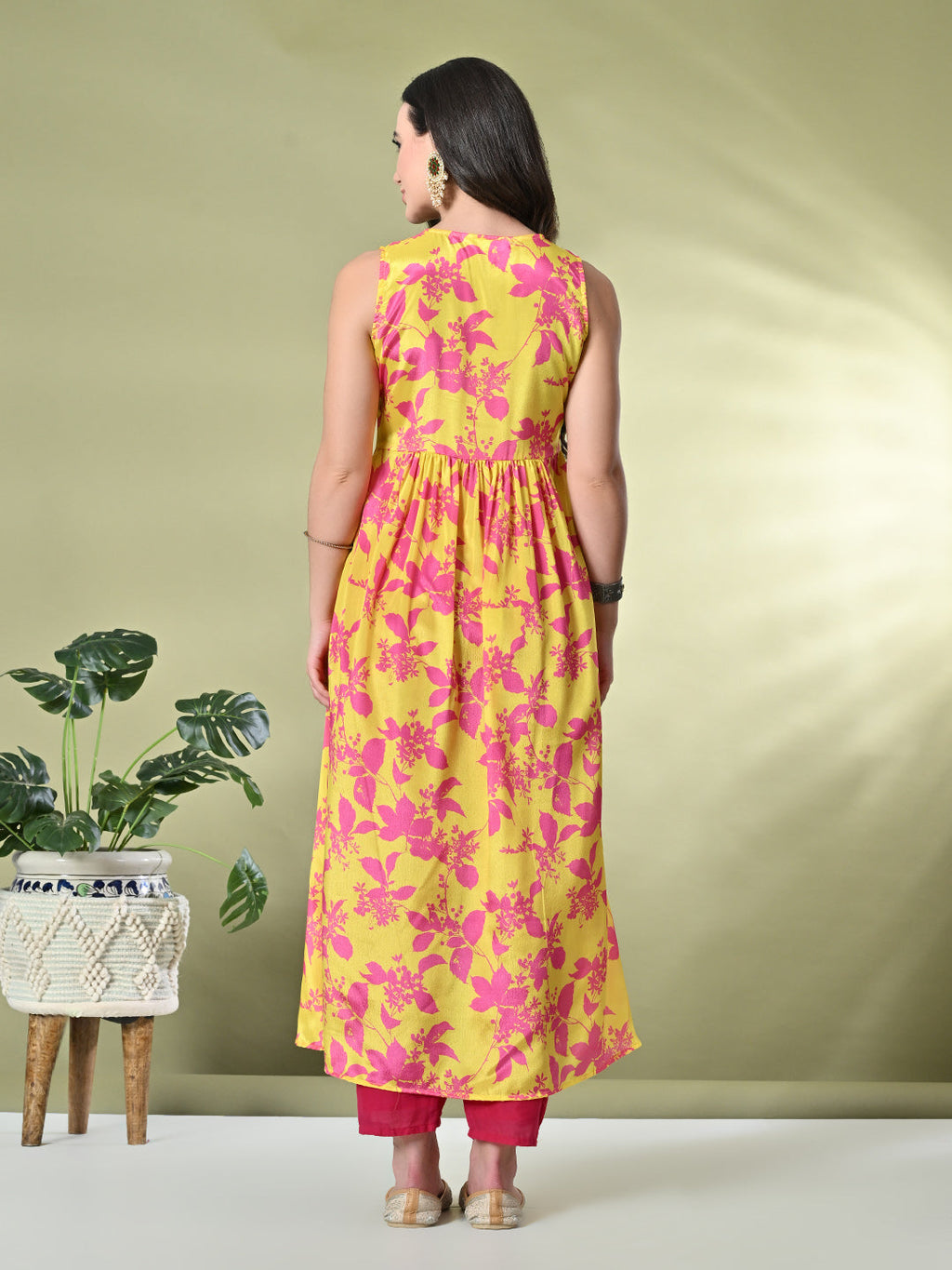Myshka Women's Chinon Embroidered Flayerd Kurta in Yellow Color | Grocsy