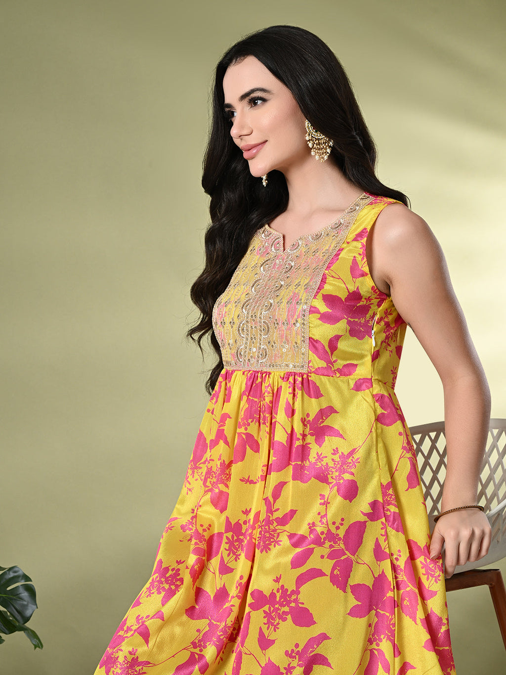 Myshka Women's Chinon Embroidered Flayerd Kurta in Yellow Color | Grocsy