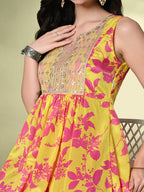 Myshka Women's Chinon Embroidered Flayerd Kurta in Yellow Color | Grocsy