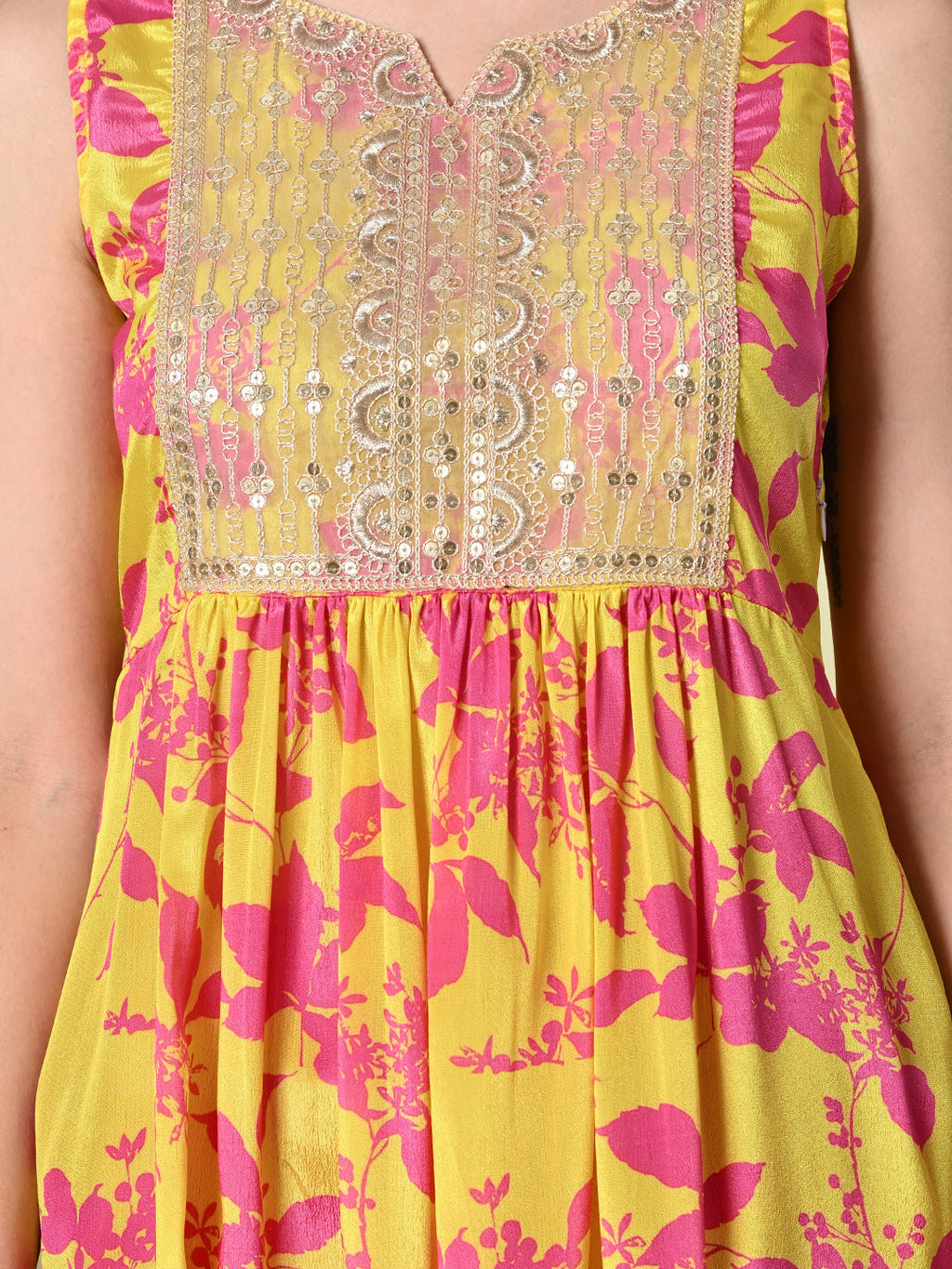 Myshka Women's Chinon Embroidered Flayerd Kurta in Yellow Color | Grocsy