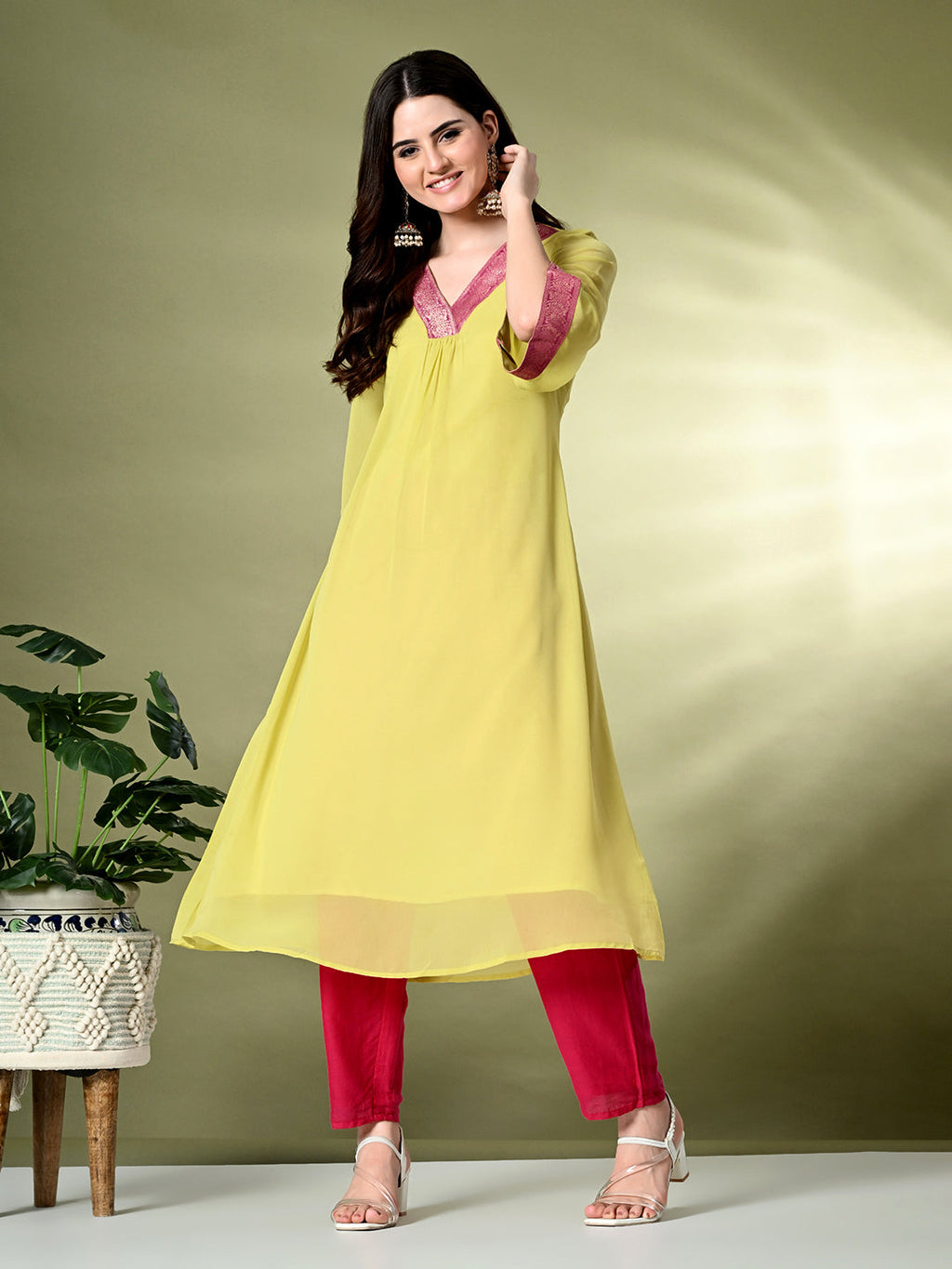 Myshka Women's Georgette Solid A-Line Kurta in Yellow Color | Grocsy