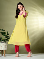 Myshka Women's Georgette Solid A-Line Kurta in Yellow Color | Grocsy