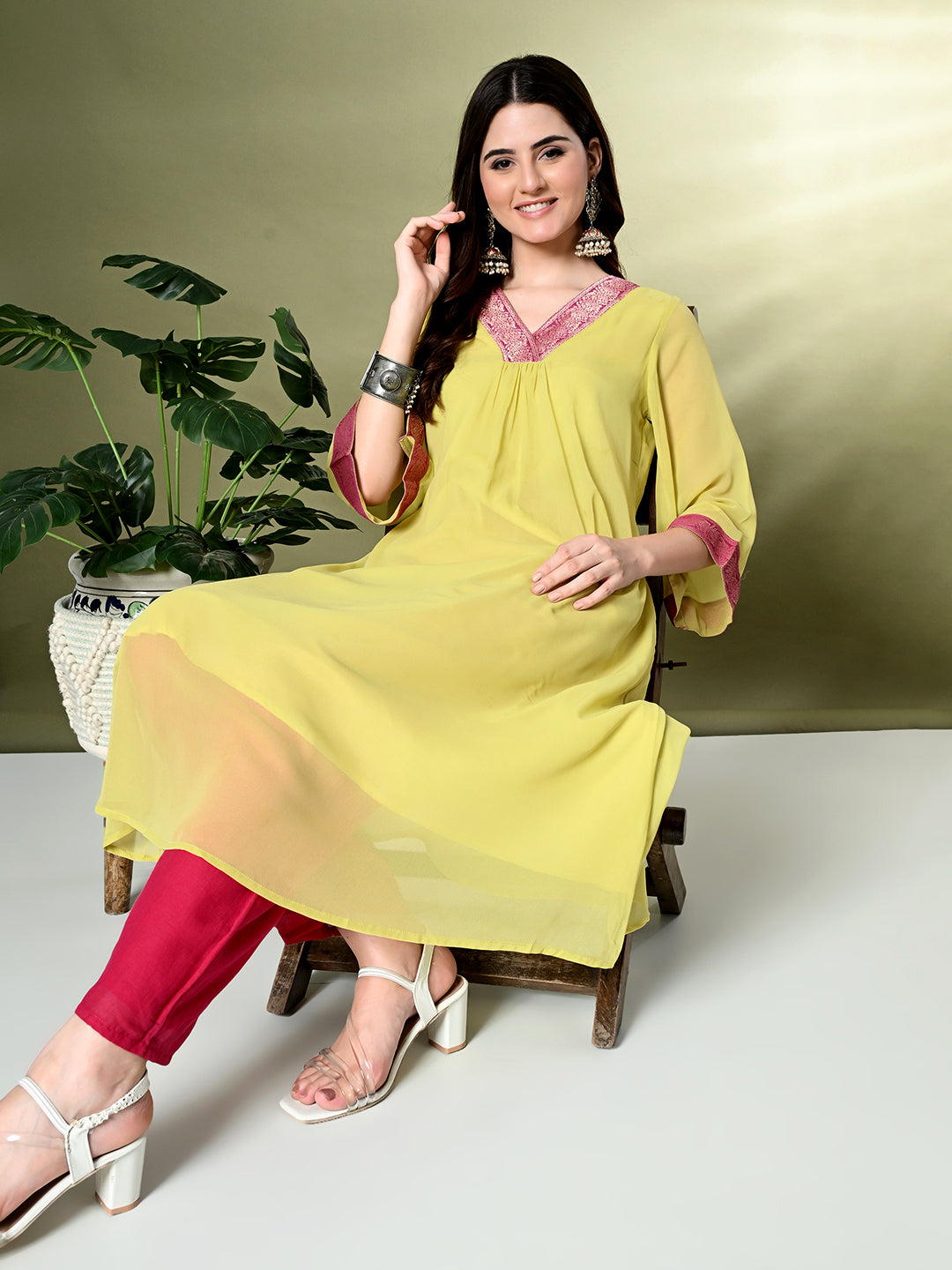 Myshka Women's Georgette Solid A-Line Kurta in Yellow Color | Grocsy