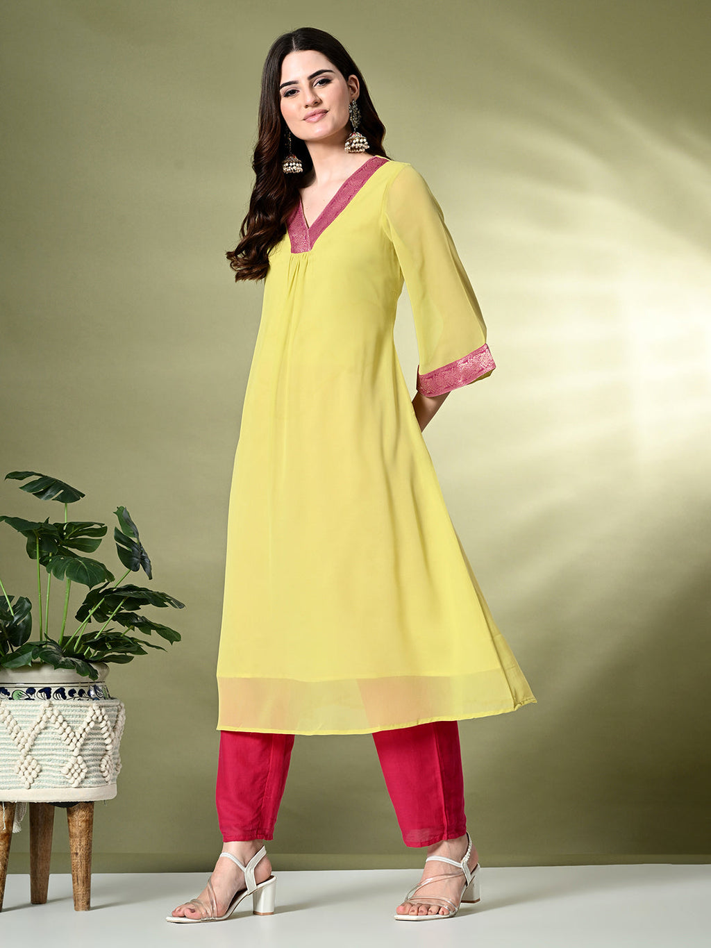 Myshka Women's Georgette Solid A-Line Kurta in Yellow Color | Grocsy