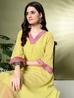 Myshka Women's Georgette Solid A-Line Kurta in Yellow Color | Grocsy