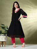 Myshka Women's Georgette Solid A-Line Kurta in Black Color | Grocsy