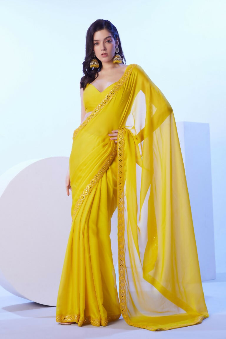 Yellow Moss Solid Designer & Lace Work Saree - Samaa | Grocsy