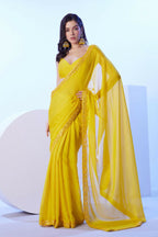 Yellow Moss Solid Designer & Lace Work Saree - Samaa | Grocsy