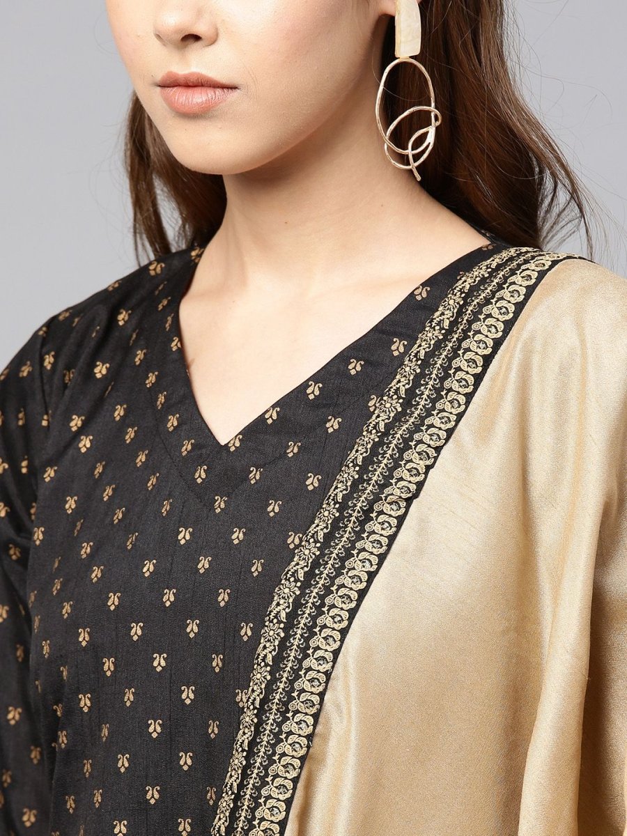 Ahalyaa Women's Black Poly Silk Printed Kurta Pant With Dupatta | Grocsy