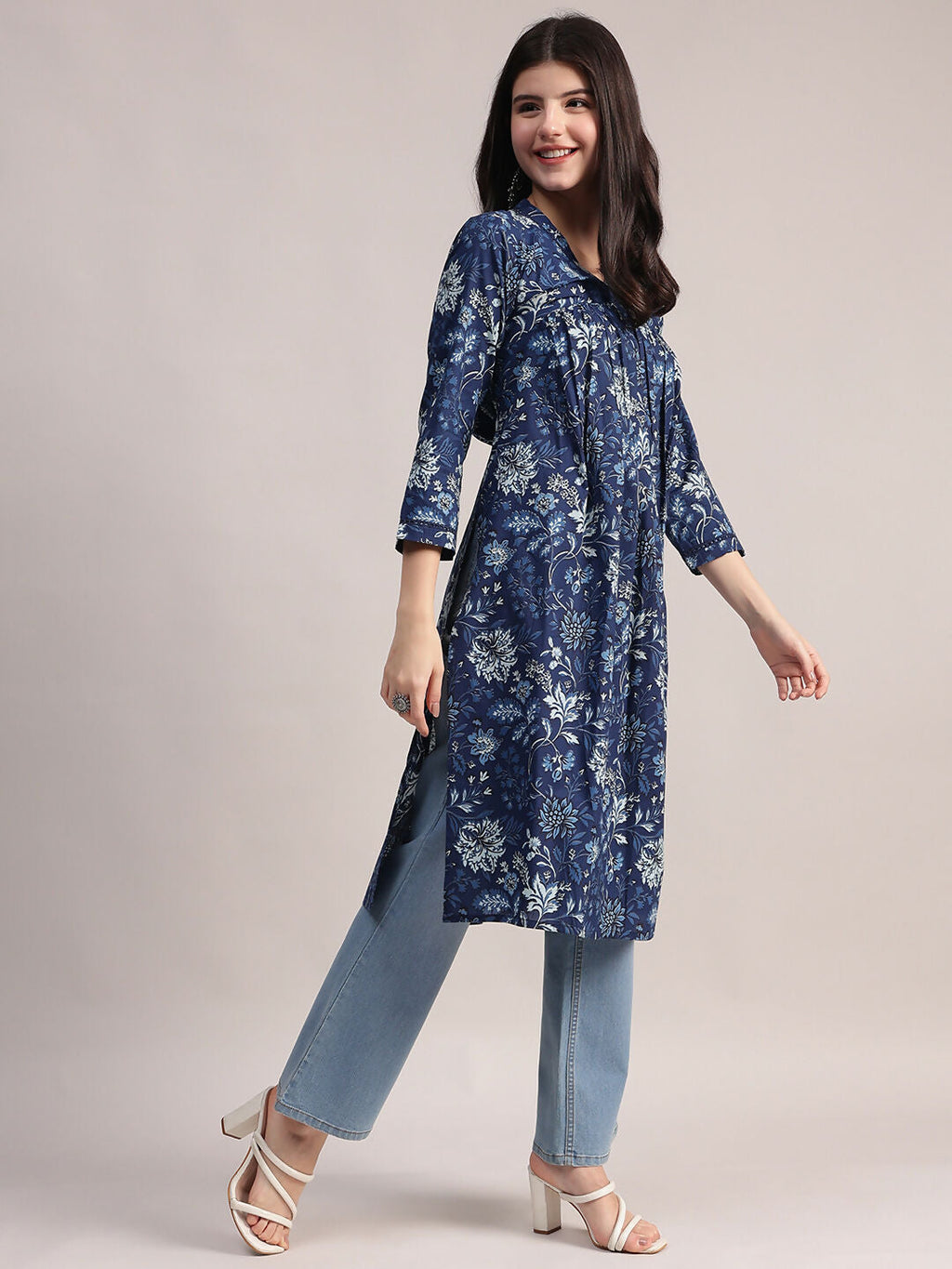 Aavyora Women's Navy Blue Floral Printed Cotton A-Line Kurta with Pintuck Detailing | Grocsy