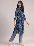 Aavyora Women's Navy Blue Floral Printed Cotton A-Line Kurta with Pintuck Detailing | Grocsy
