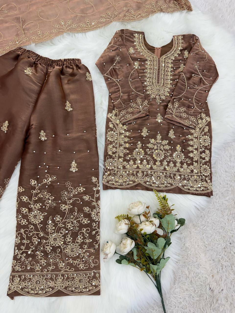 Teeya Creation Girls Heavy Embroidery Brown Ethnic Kurta And Palazzo Set With Net Dupatta | Grocsy