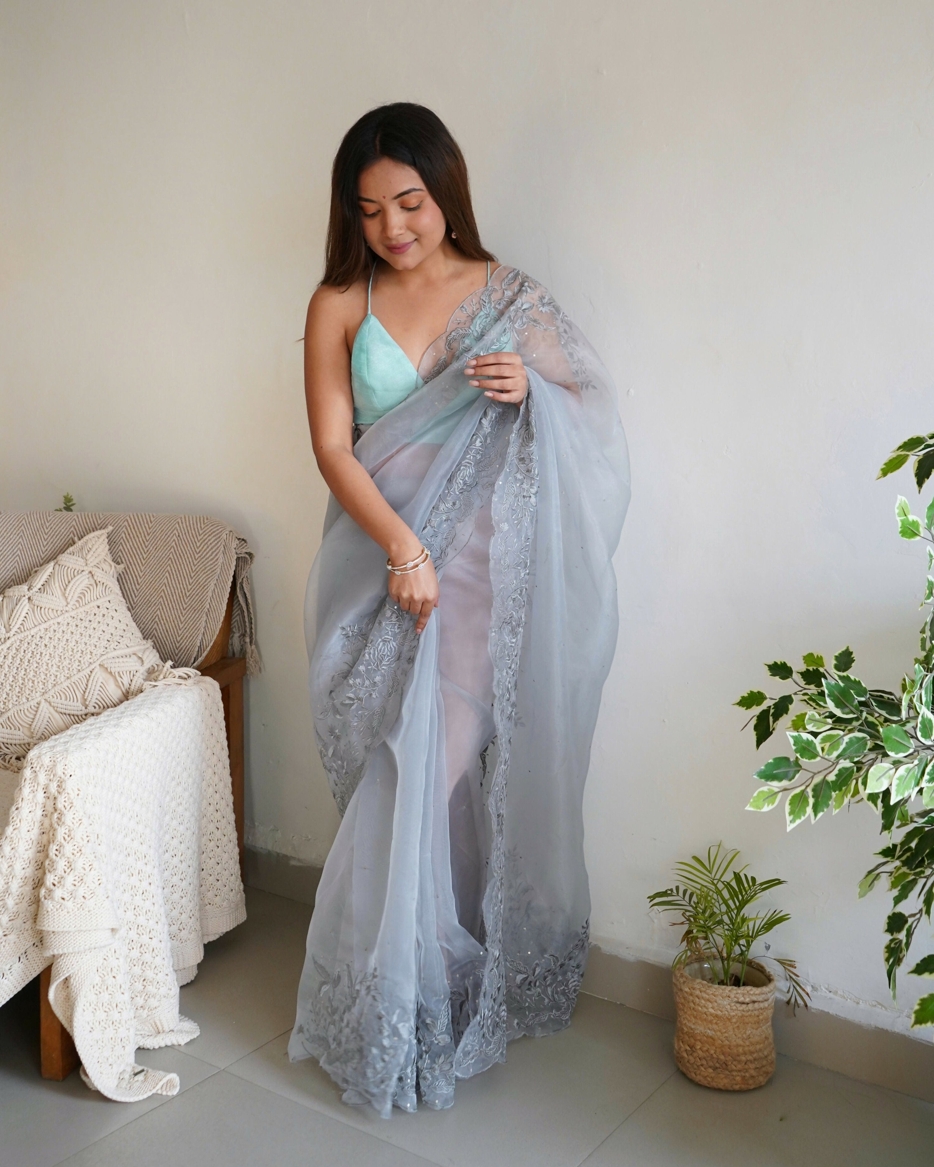 Vamsee Anushka Grey Organza Saree | Grocsy