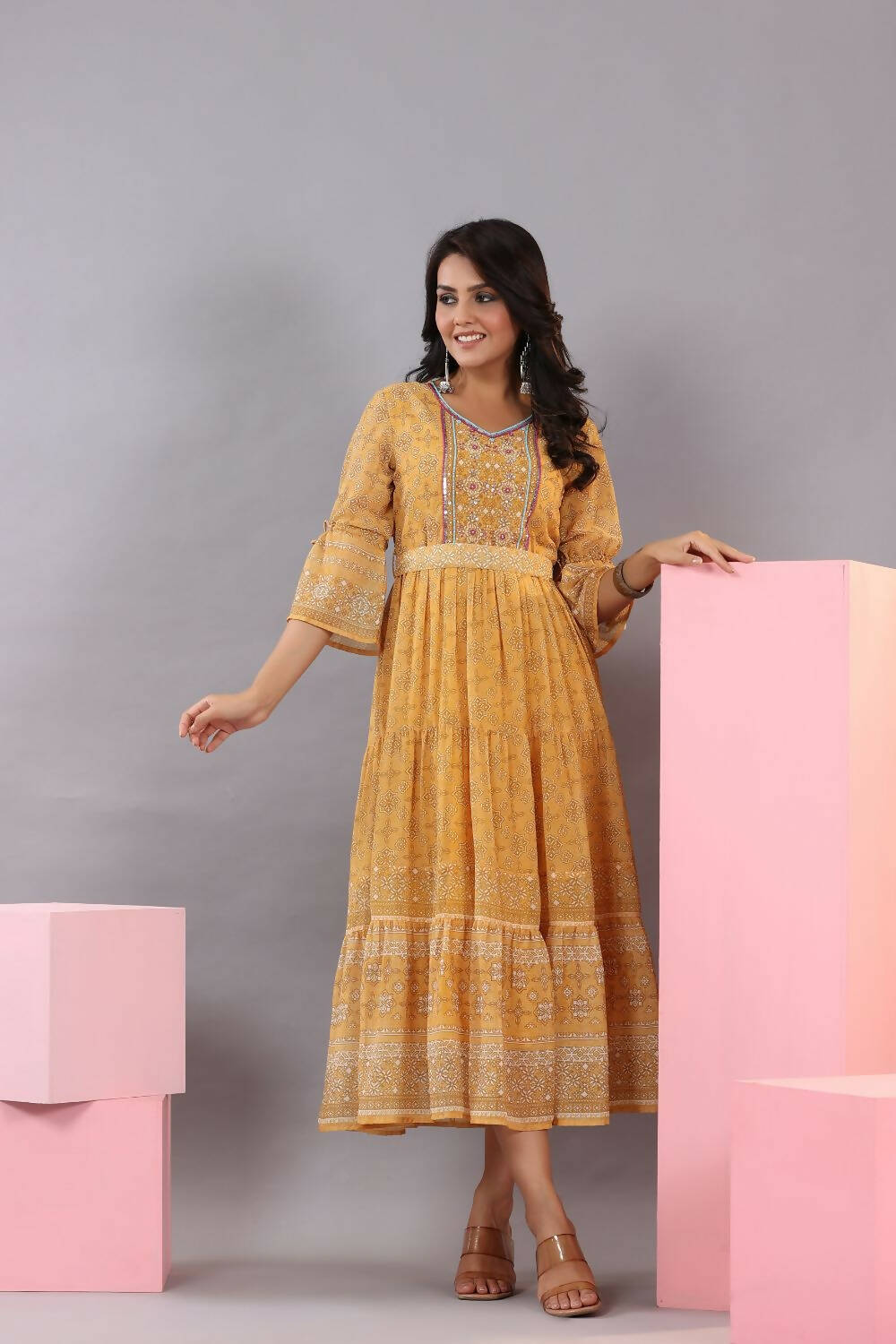 Juniper Women Yellow Georgette Geometric Printed Tiered Maxi Dress | Grocsy