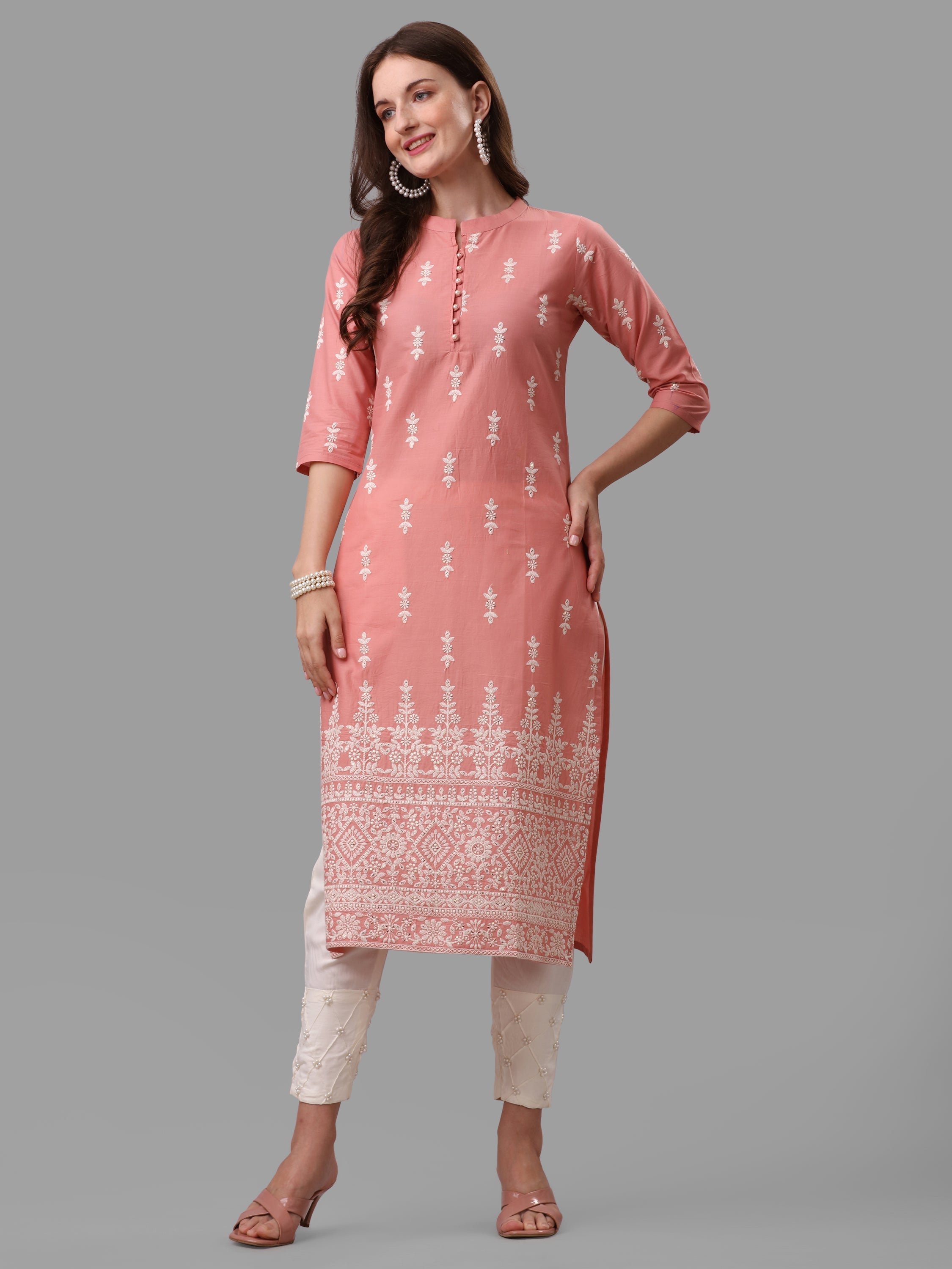 Ethnic Motif& Mandarin Collar Kurta With Cotton Pant Set, Multicolor - Hiral Fashion | Grocsy