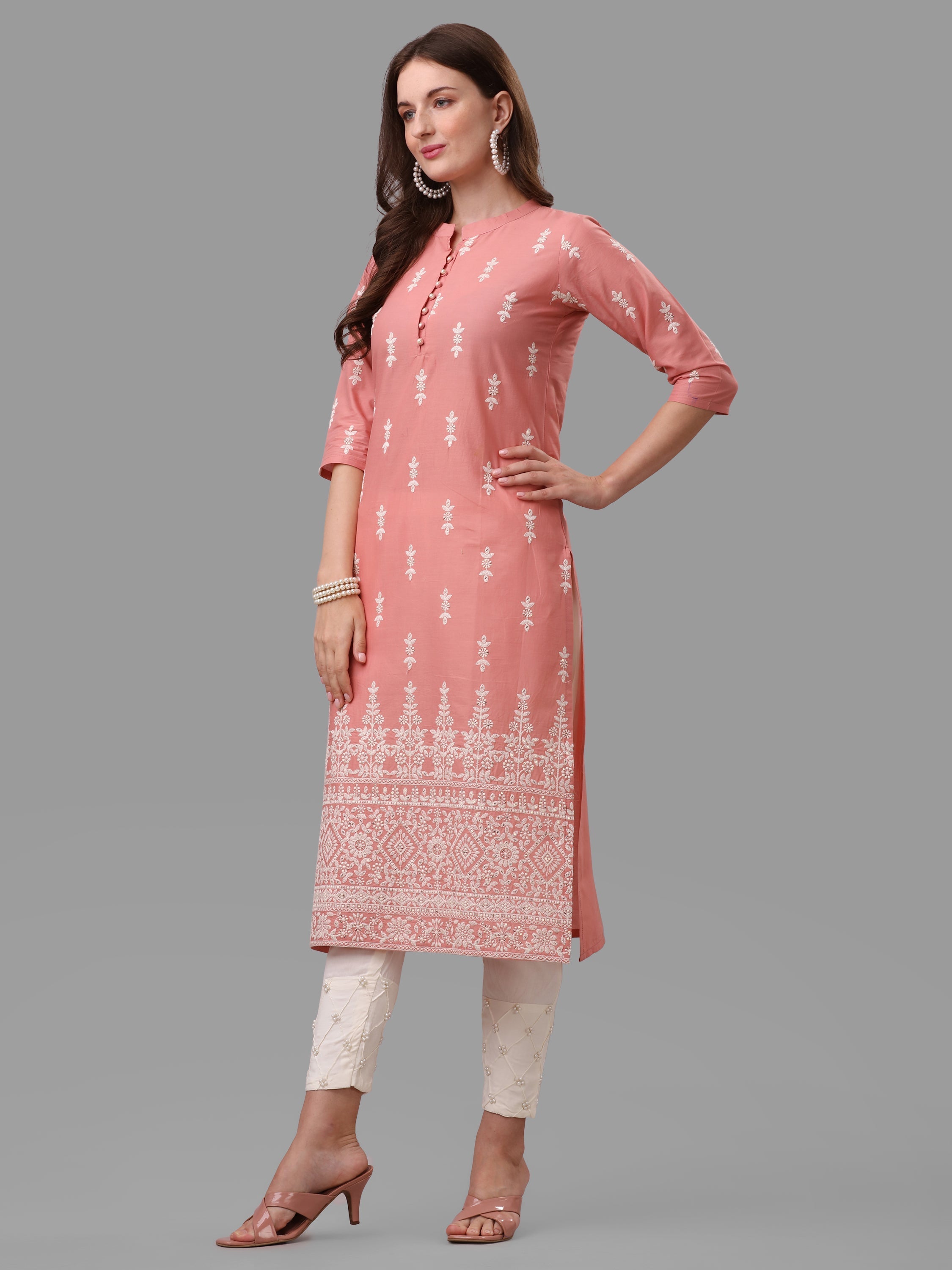 Ethnic Motif& Mandarin Collar Kurta With Cotton Pant Set, Multicolor - Hiral Fashion | Grocsy