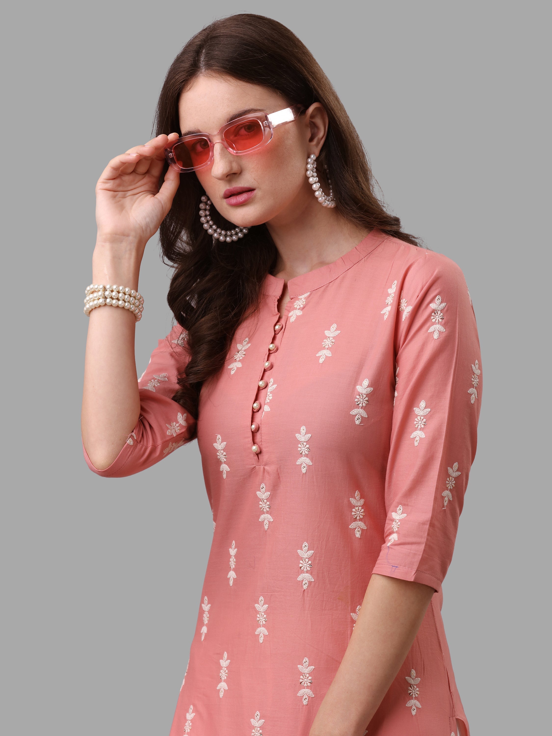 Ethnic Motif& Mandarin Collar Kurta With Cotton Pant Set, Multicolor - Hiral Fashion | Grocsy