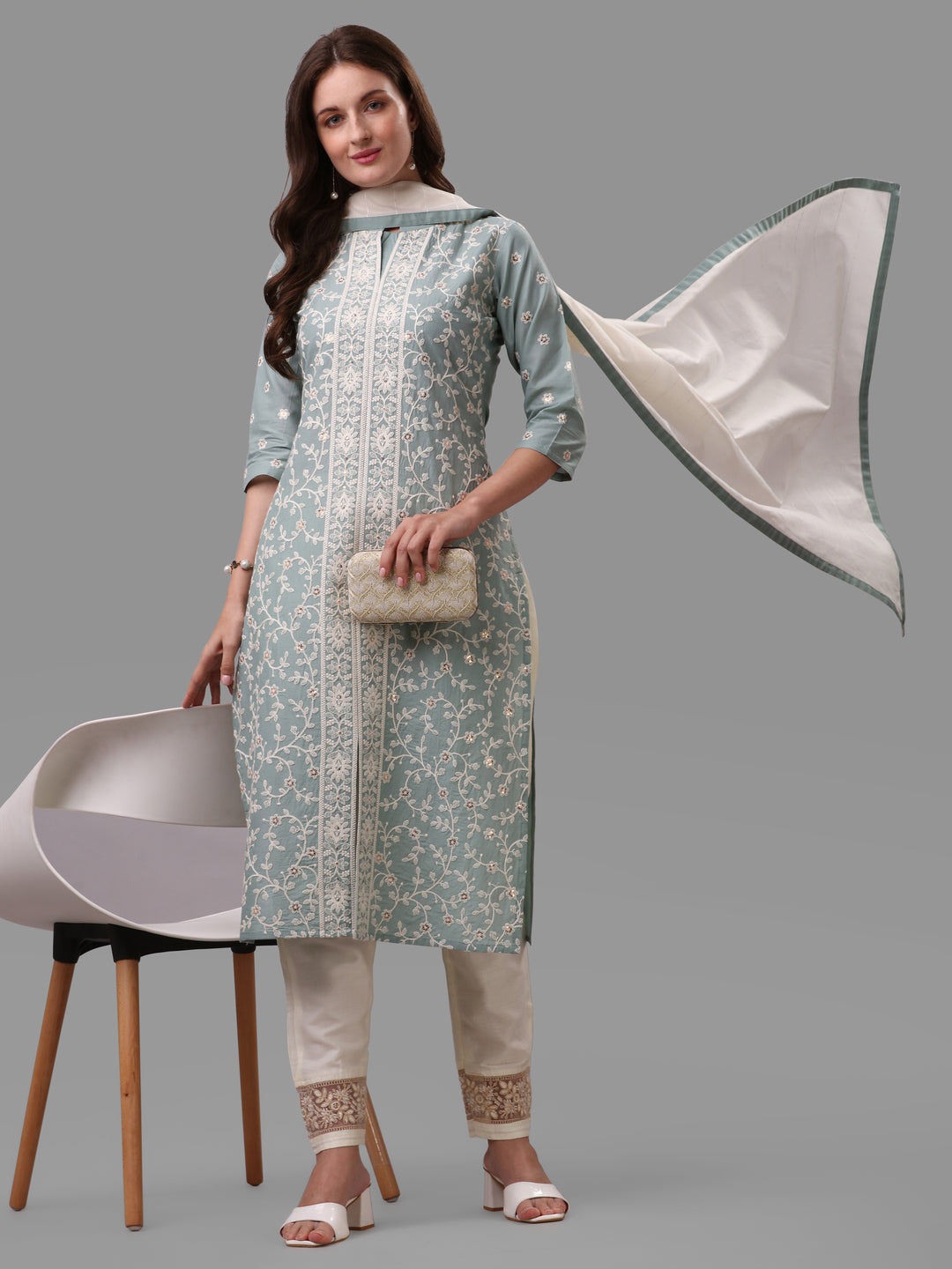 Embroidered Kurta With Pant & Dupatta Set, Multicolor - Hiral Fashion | Grocsy