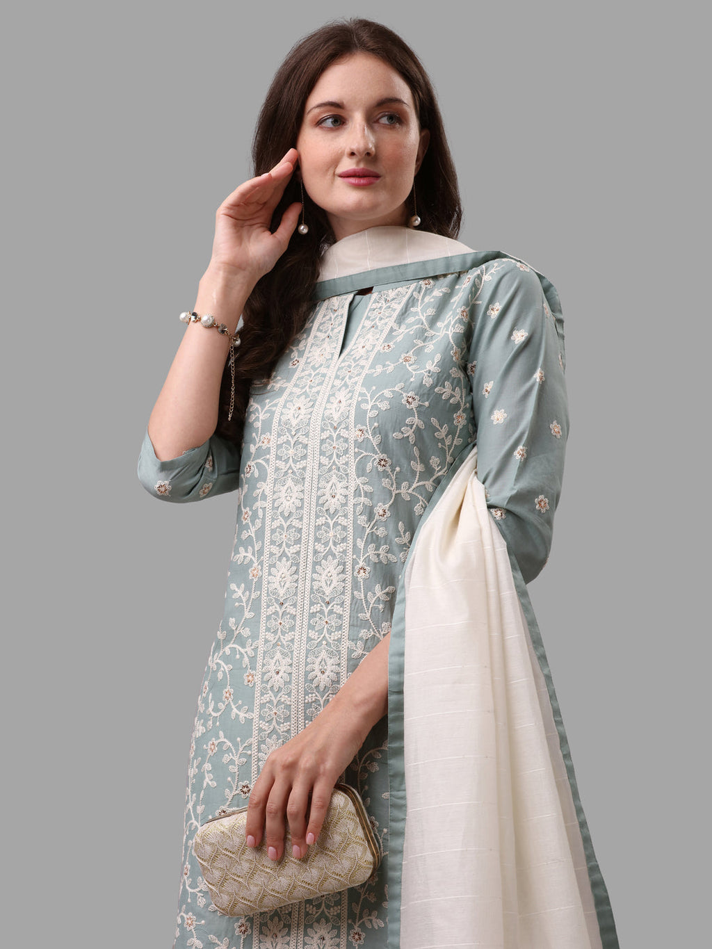Embroidered Kurta With Pant & Dupatta Set, Multicolor - Hiral Fashion | Grocsy