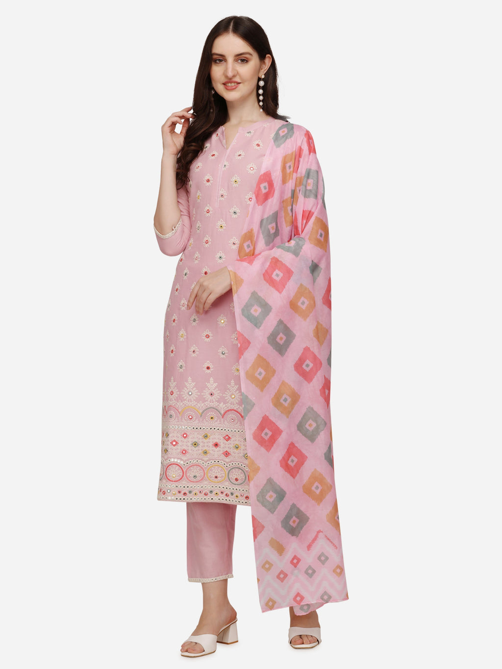 Lucknawi Embroidered Kurta With Pant & Dupatta, Multicolor - Hiral Fashion | Grocsy