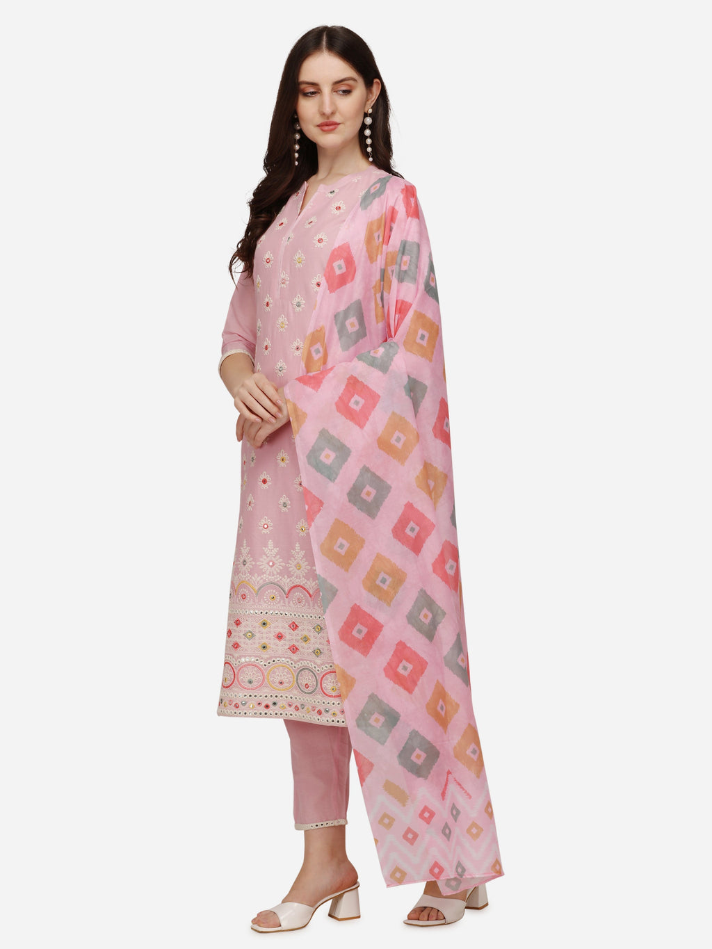 Lucknawi Embroidered Kurta With Pant & Dupatta, Multicolor - Hiral Fashion | Grocsy