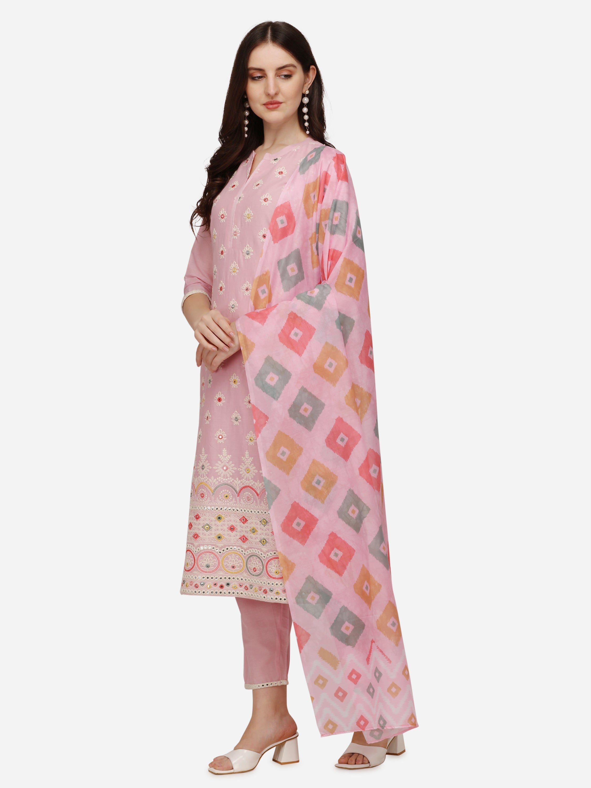 Lucknawi Embroidered Kurta With Pant & Dupatta, Multicolor - Hiral Fashion | Grocsy